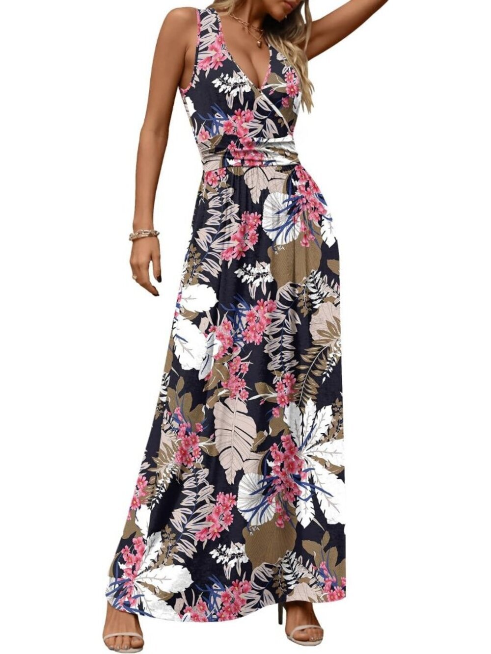 Women's Leaf Pink Flower Sleeveless Summer Casual Formal Long Pockets Maxi Dress - Picture 3 of 6